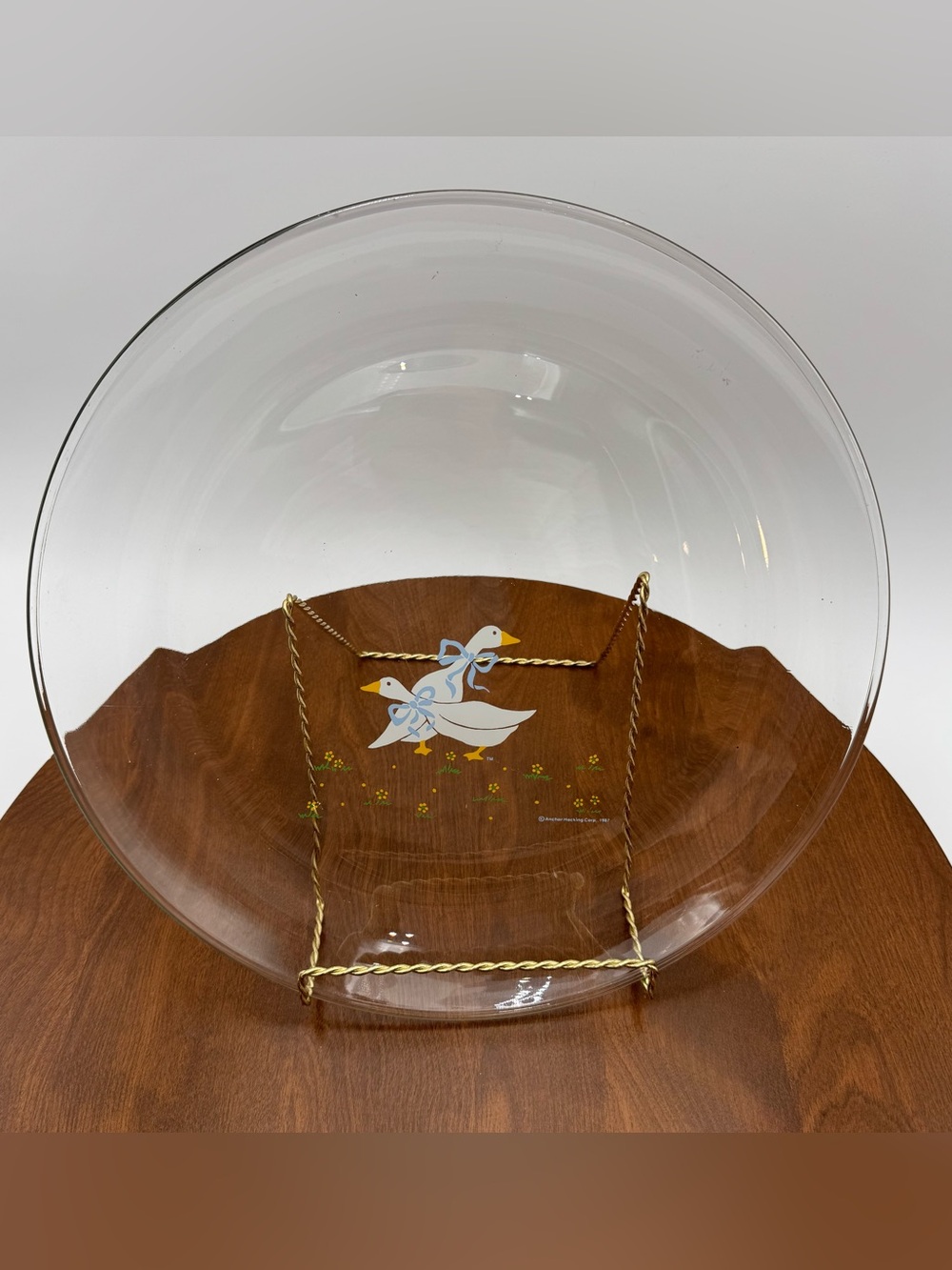 Vintage Anchor Hocking Country Geese Glass Serving Platter 1987 Blue Bow Goose